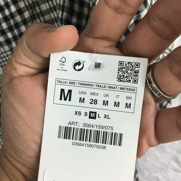 ZARA Basic Plaid Black and White Ruched Sleeves Shirt Size M New - Picture 6 of 7